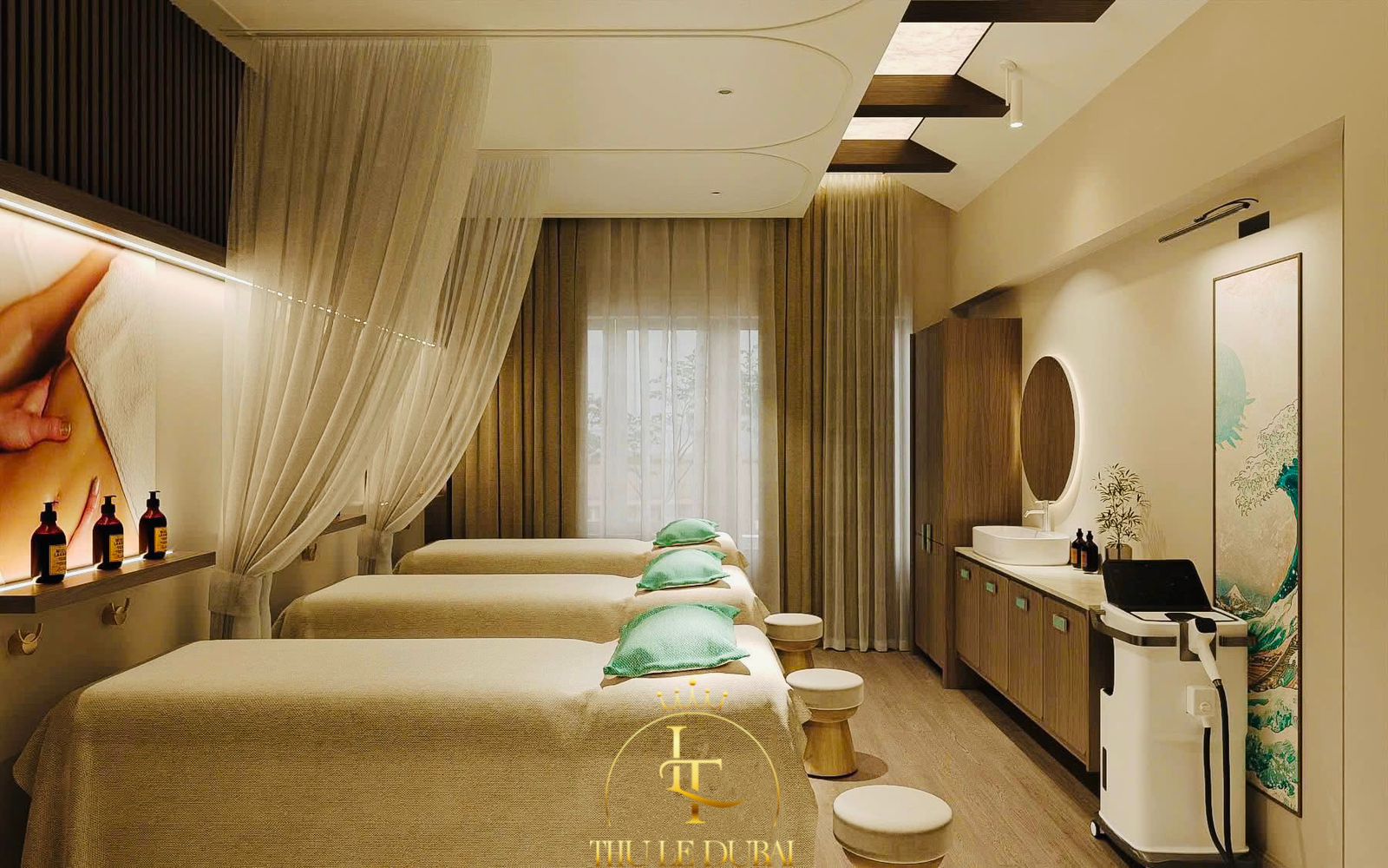 Twin-bed treatment room with mint cushions, sheer curtains and warm golden light